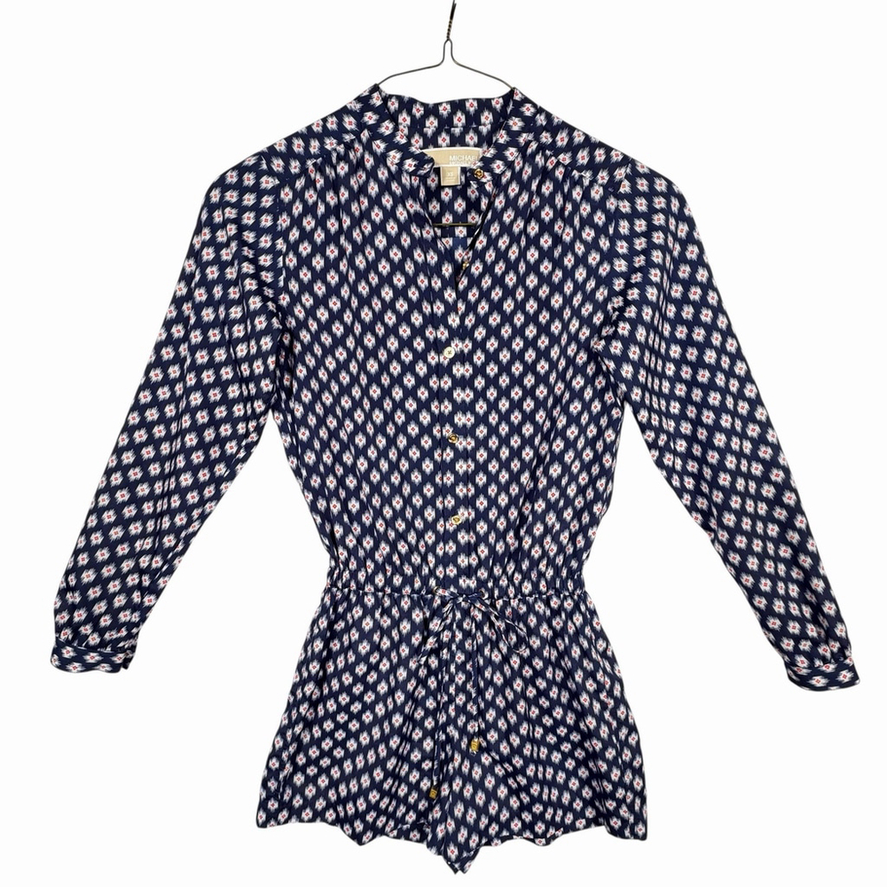 Michael Michael Kors Womens Buttoned Long Sleeved Romper Navy Blue White Size XS